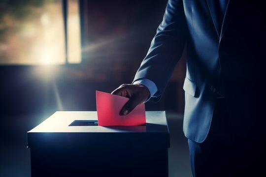A black man in a suit casts his vote, drops a piece of paper into the ballot box. Elections and voting day