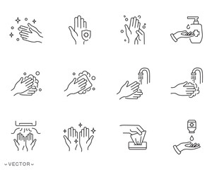 Health care hand washing process with rinse water, Icon set disease prevention protect. Vector cleaner, antiseptic, antibacterial symbol, faucet, safety icon thin line, editable stroke eps 10 vector