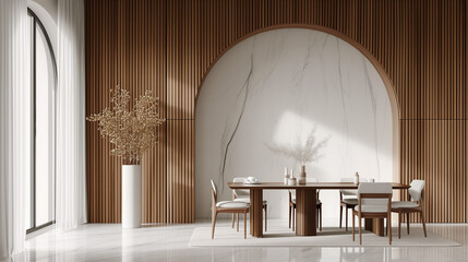  Minimalist interior design of modern dining room with abstract wood paneling arched wall