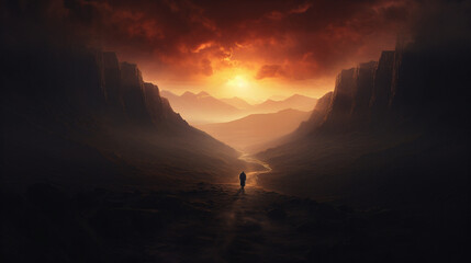 A person walking towards the light in a dark and uncertain valley, sunset