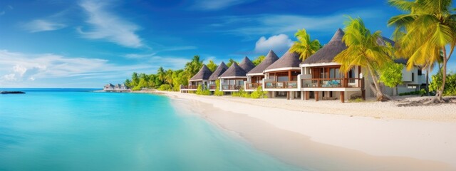 Luxury panoramic view at resort on turquoise seascape background. beautiful beach. Travel banner on summer