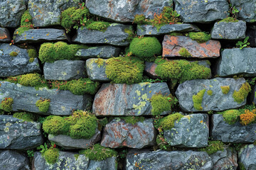 Fototapeta premium A stone wall with moss and lichen growing in the cracks