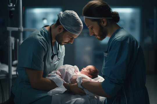 A newborn baby is examined by a doctor or nurse in the hospital 