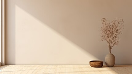 Minimalist Interior Design with Empty room, Beige Wall, Light window. White background minimal. Copy space for displaying your product