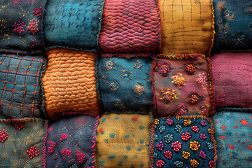 A patchwork quilt with intricate patterns of interwoven fabric