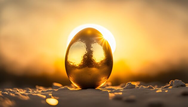 Golden egg - shiny pure gold egg with sunrise behind reflecting wealth, savings, finance, success, investment, prosperity, rich, precious or earnings. Golden eggs in nature - creative illustration.