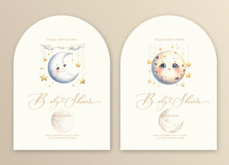 Cute baby shower watercolor invitation card for baby and kids new born celebration with moon and stars.
