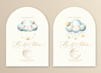Cute baby shower watercolor invitation card for baby and kids new born celebration with funny cloud and stars.