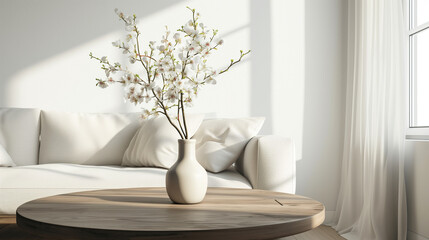 Fototapeta na wymiar Vase with blossom twig on wooden coffee table near white sofa with pillows against window. Minimalist scandinavian home interior design of modern living room