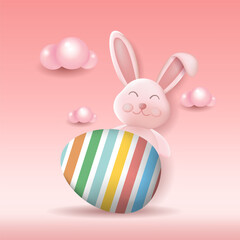 Easter bunny with colorful Easter eggs. Happy Easter holiday concept,
 minimalistic style, 3d vector. Space for copying.