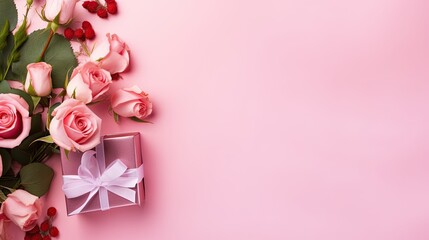 Fototapeta na wymiar Gift box with pink roses on a pink background, top view with copy space. Banner poster valentine's day, Mothers day, wedding, birthday celebration