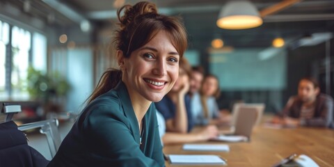 Confident Professional Woman Smiling in a Business Meeting