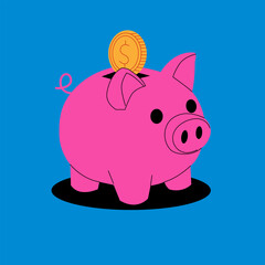 Piggy bank hand drawn vector illustrations. Piggy with gold coins. Savings and money storage. Symbol of profit and growth.