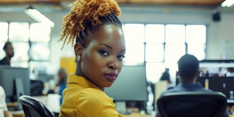 Assertive Businesswoman in Yellow Blazer Looking Over Shoulder in Office Setting