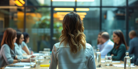 Rear View of a Businesswoman Leading a Team Discussion in a Modern Office
