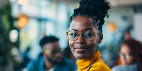 Smiling Young Professional with Glasses in a Collaborative Workspace