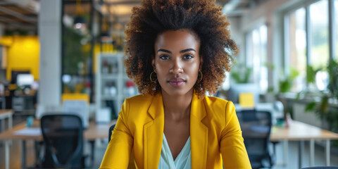 Confident Female Professional in Bright Yellow Jacket at Modern Workplace