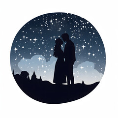 Young lovers stargazing isolated on white background, simple style, png
