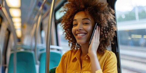 Cheerful Young Woman Talking on the Phone in Subway Train