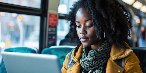 Concentrated Young Woman Typing on Laptop While Traveling on Public Bus