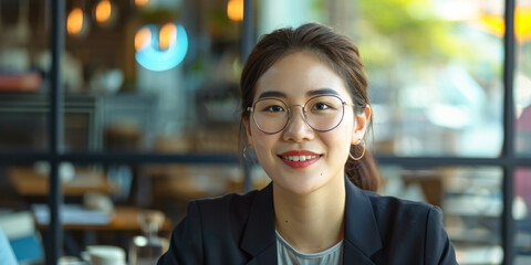 Confident Businesswoman in Glasses Smiling in Cafe Setting