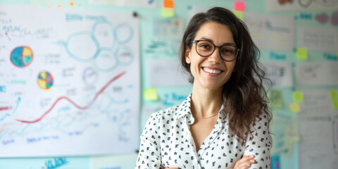 Creative Female Professional Smiling with Sticky Notes in Background