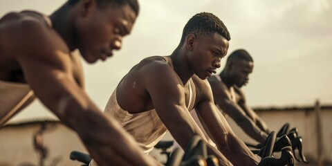 Determined Athletes in Sync During Outdoor Spinning Session - obrazy, fototapety, plakaty