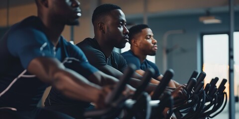 Concentrated Male Athletes in Sync During Indoor Cycling Session - obrazy, fototapety, plakaty