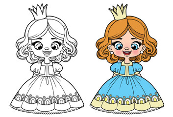 Cute cartoon curly haired girl in a princess dress color and outlined for coloring page