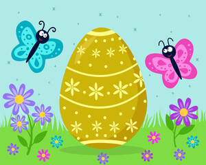 Easter background with Easter egg, butterflies, flowers and grass. Spring background. Easter holiday.