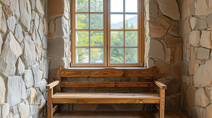 Wooden rustic bench near wild stone cladding wall against window. Farmhouse interior design of modern home entryway