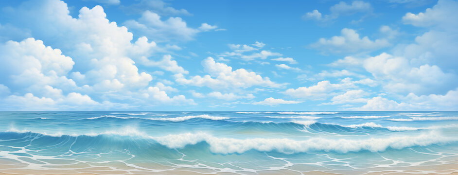 Ondas do mar chegando até a praia em um dia ensolarado com nuvens no ceu - Ilustarção
