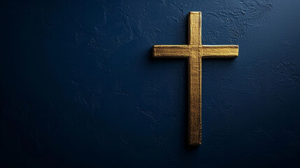 A minimalist Christian cross design in gold against a deep blue background, Christian cross, religious