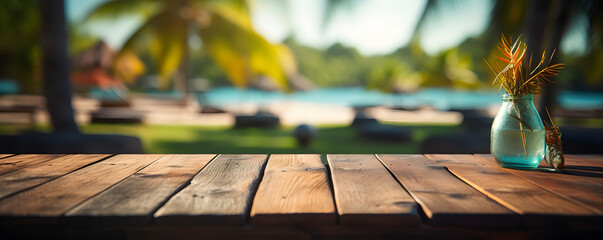 Empty wooden table with tropical beach theme in background - obrazy, fototapety, plakaty
