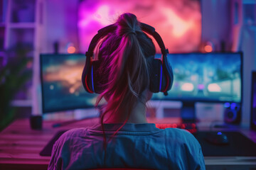 Professional gamer girl plays video games on a computer,, illustration for esports and gaming - obrazy, fototapety, plakaty