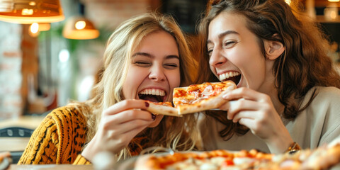Two Friends Sharing Pizza with Joyful Laughter - obrazy, fototapety, plakaty