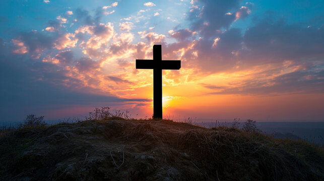 A sunrise silhouette of a cross on a hill, symbolizing hope and new beginnings, Christian cross, religious