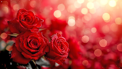Fresh red roses with water droplets, symbolizing love and passion, with a soft St Valentine bokeh background, AI generated