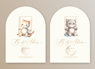 Cute baby shower watercolor invitation card for baby and kids new born celebration with kitten riding on a swing.