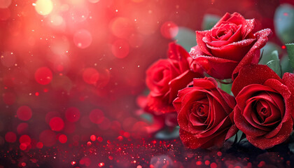 Shimmering dew on red roses with a romantic St Valentine bokeh light in the background, Ai generated