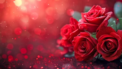 Fotobehang Shimmering dew on red roses with a romantic St Valentine bokeh light in the background, Ai generated © Rajesh