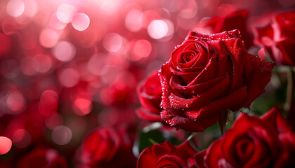 Sparkling water droplets on red roses with bokeh lights, creating a festive romantic atmosphere, AI generated