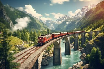 Train crossing stone bridge over river in mountains on sunny day. Generative AI - obrazy, fototapety, plakaty