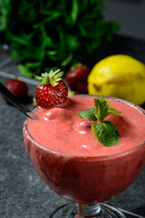 Strawberry sorbet in a cream bowl
