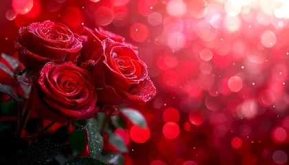 Fotobehang Three red roses with dew drops against a sparkling red bokeh background conveying romance and beauty for St valentine day, AI generated © Rajesh