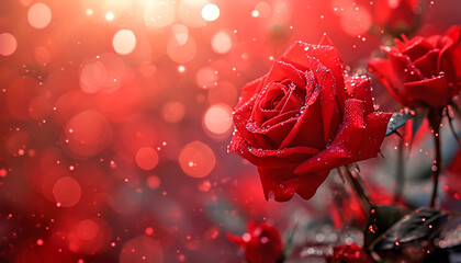 Dewy red roses against a backdrop of romantic bokeh lights, portraying vibrant love, AI generated
