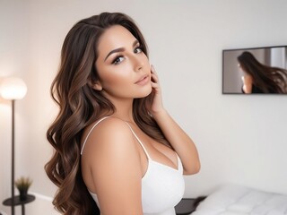 Naklejka premium A stunning beauty professional with long, luscious brown highlighted hair, expertly applying her own eyelash extensions in the comfort of her own home. 