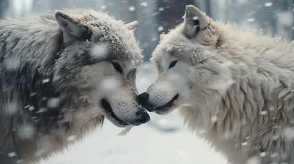 Obraz premium Two wolves touching noses with a snowy background. 