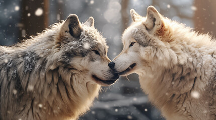 Two wolves touching noses with a snowy background.
