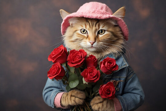 Cute cat in hat with bouquet of red roses on dark background